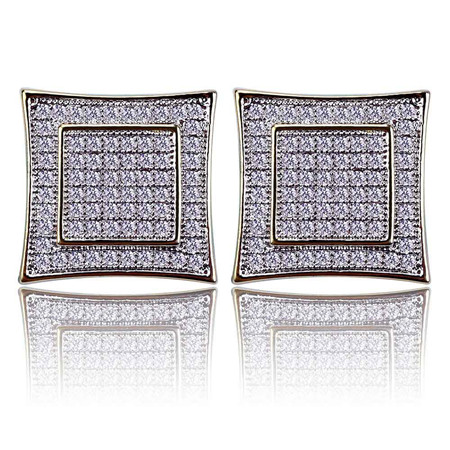 

14K Gold Plated Iced Out Big Square Kite Screw Backs Hypoallergenic Bling Stud Earring Hip Hop Jewelry