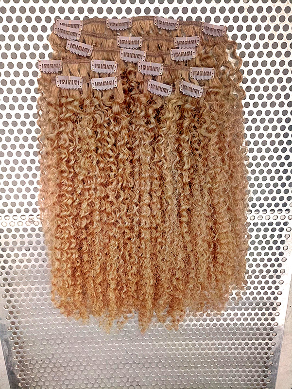 Brazilian Clip In Hair Extensions Human Virgin Remy Light Brown Kinky Curly 27# 120g One Set-image-407874207