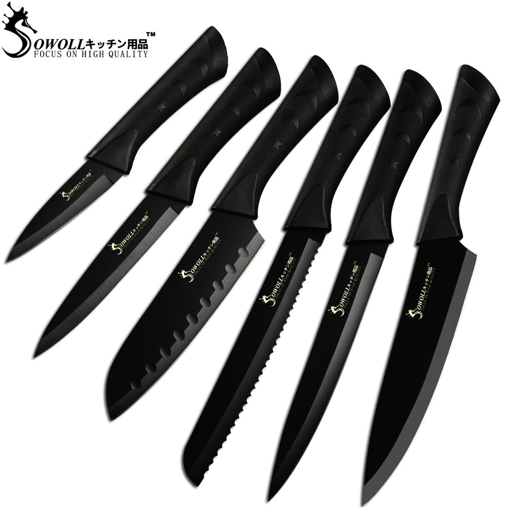 

SOWOLL Stainless Steel Kitchen Knife 6 Piece Set Non Slip Handle 3.5" 5" 7" 8" 8" 8" Black Blade Stainless Ste