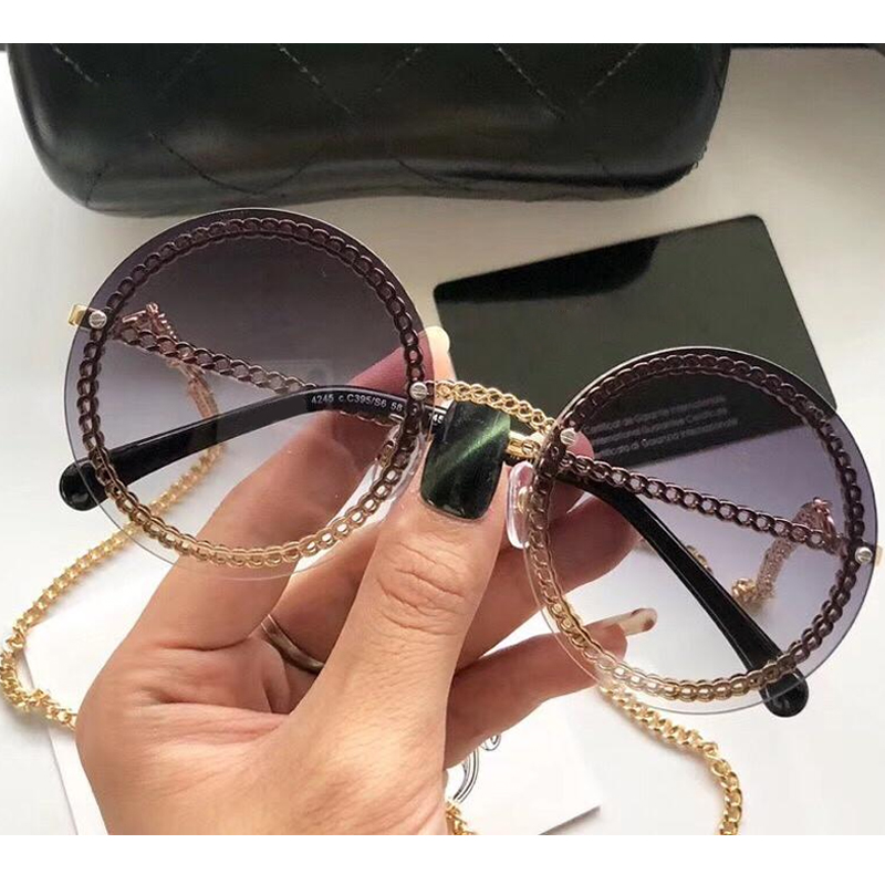 

4245 Women Sunglasses Fashion Round Sunglasses UV Protection Lens Chain Frameless Mix Color Come with Box New Arrival