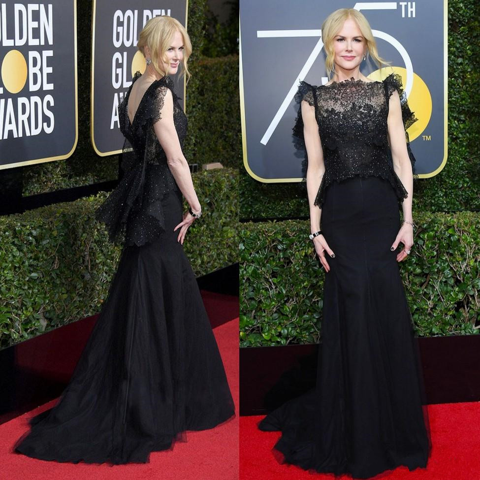 

Golden Globe Awards Prom Dresses Two Pieces Lace Mermaid Evening Gowns Sheer Bateau Neck Beaded Nicole Kidman Red Carpet Celebrity Dress, Gold