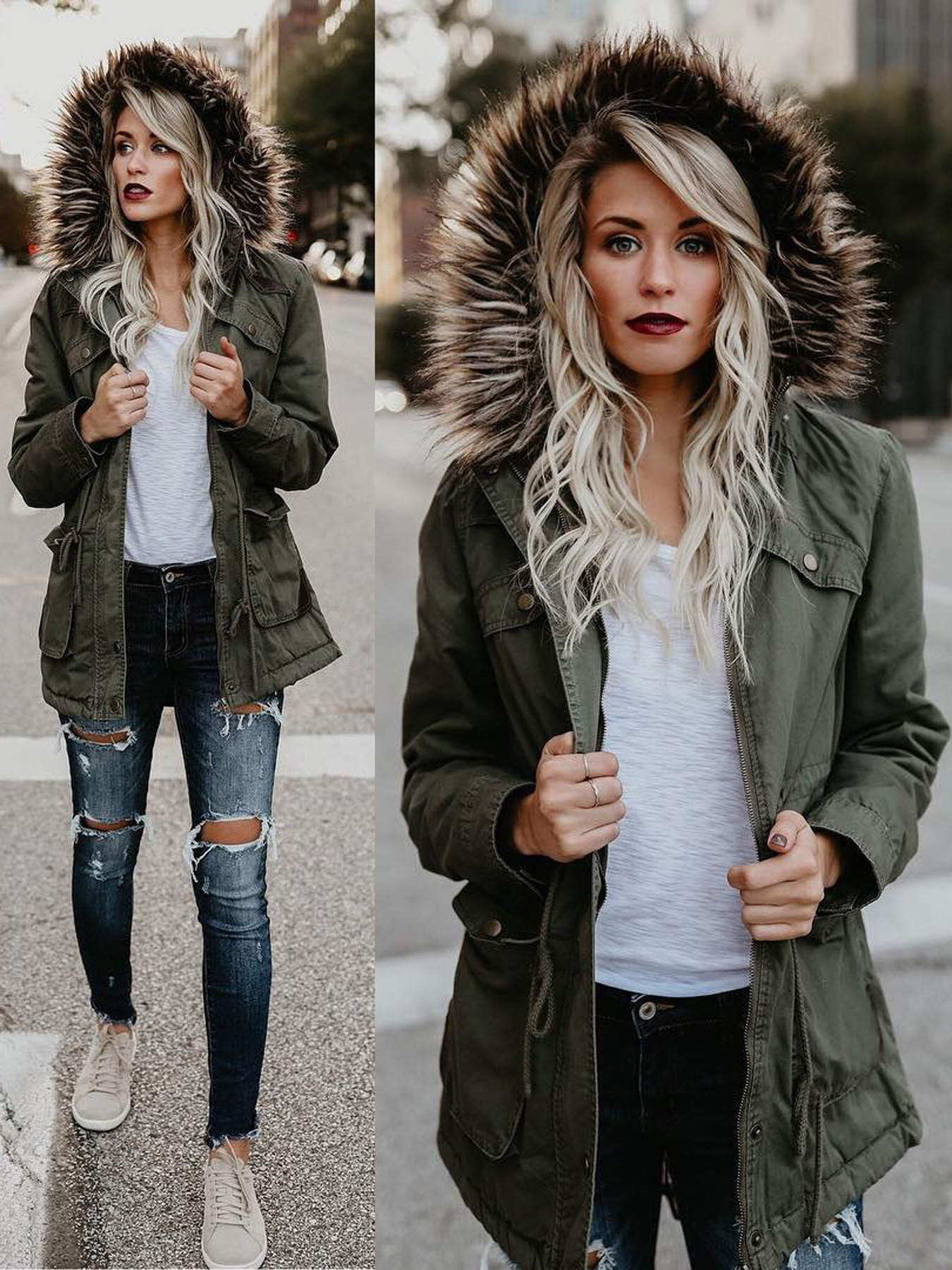 

Women Warm Thick Jackets Fur Collar Hat Cotton-padded Autumn Winter Jackets Coat Pockets Designer, Black