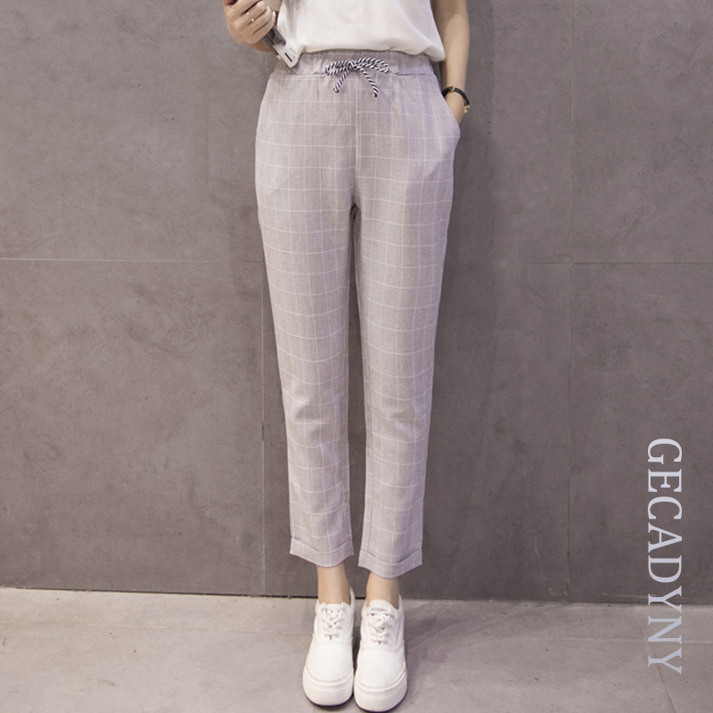 

Summer New Fashion Cotton Linen Women's Pants Loose Elastic Waist Harem Pants Female Large Size S-3XL Grid Casual Capris Pockets, Light grey