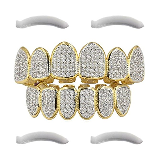 

24K Gold Plated Hip Hop Grillz Top And Bottom Grills For Mouth Teeth 2 EXTRA Molding Bars Every Style