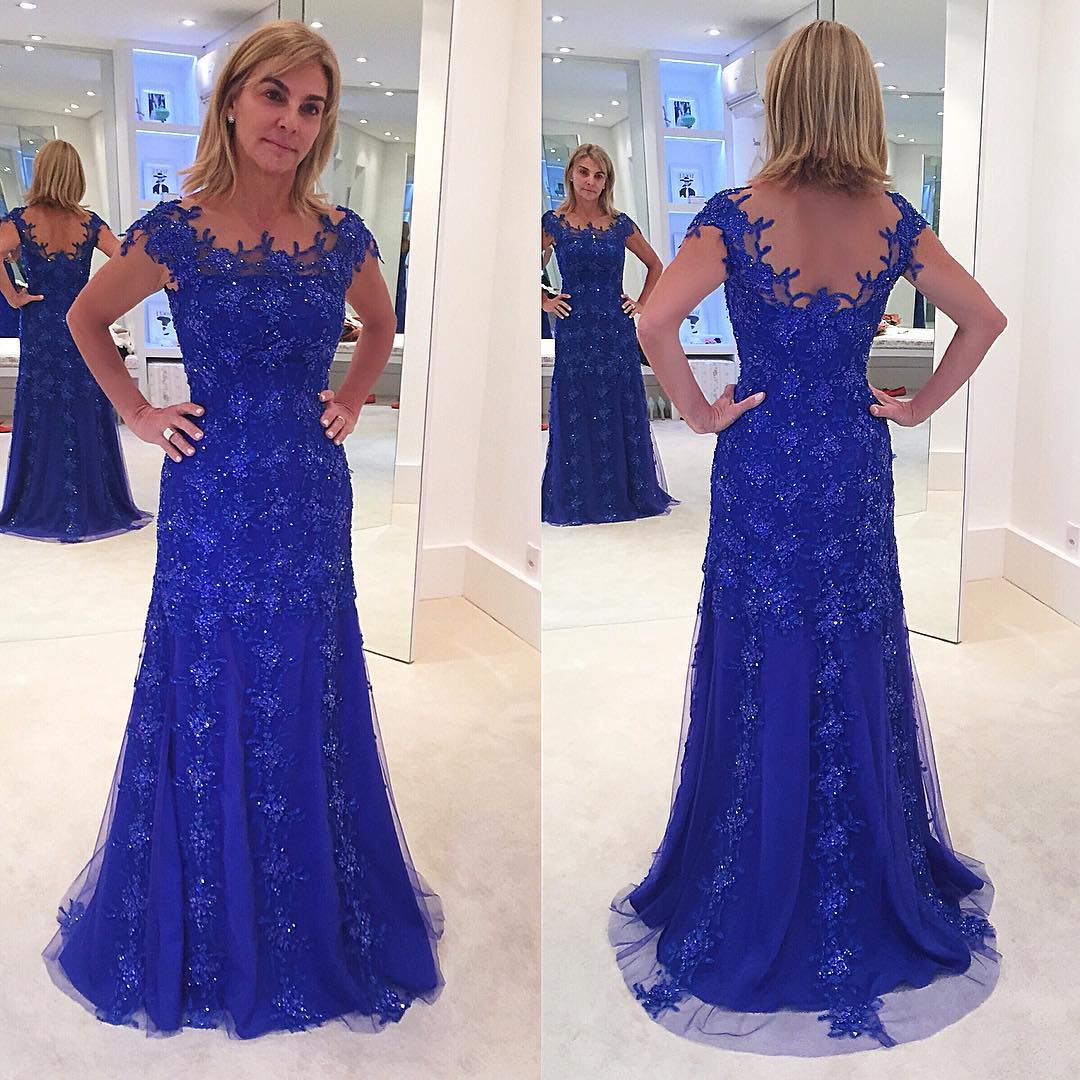 

Royal Blue Mother of the Bride Dresses Short Sleeves Sheer Neck Lace Mermaid Prom Dresses Groom Mother Dresses Wedding Party Gowns