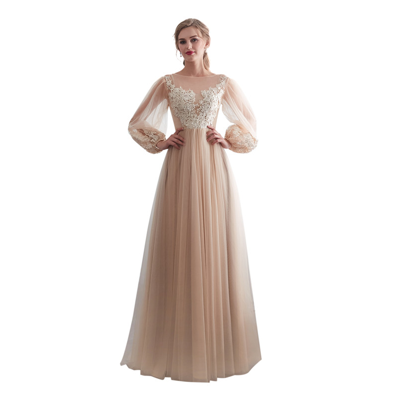 

2019 New Elegant Sheer Jewel Neck Bridesmaid Dresses Long Sleeve A Line Floor Length Maid Of Honor Wedding Guest Gown Custom Made, Champagne