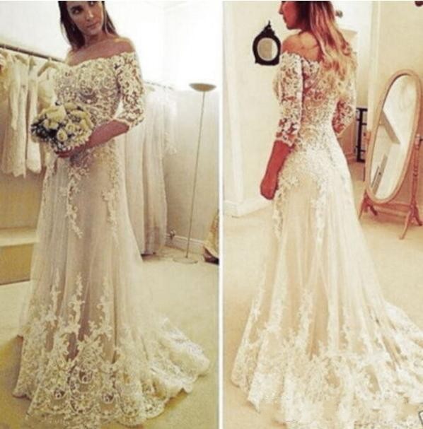 

2020 Arabic Off The Shoulder Lace A Line Wedding Dresses Tulle With Half Sleeves Appliques Button Back Sweep Train Plus Size Bride Gowns, White
