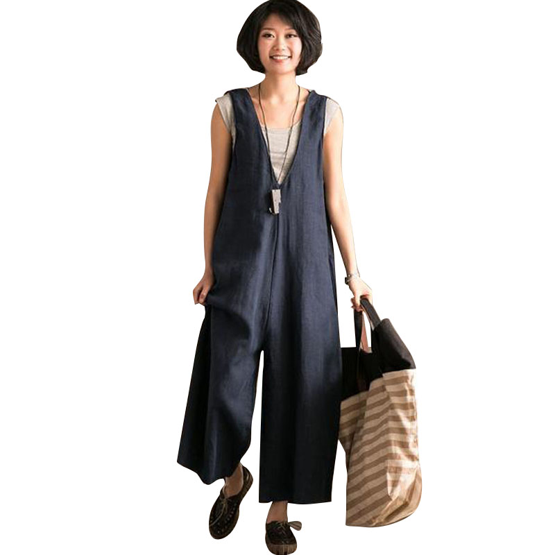 

2018 Linen Jumpsuits Women Harem Rompers Casual Pockets Sleeveless Backless Long Pants Loose Playsuit Plus Size Oversize Romper, Black