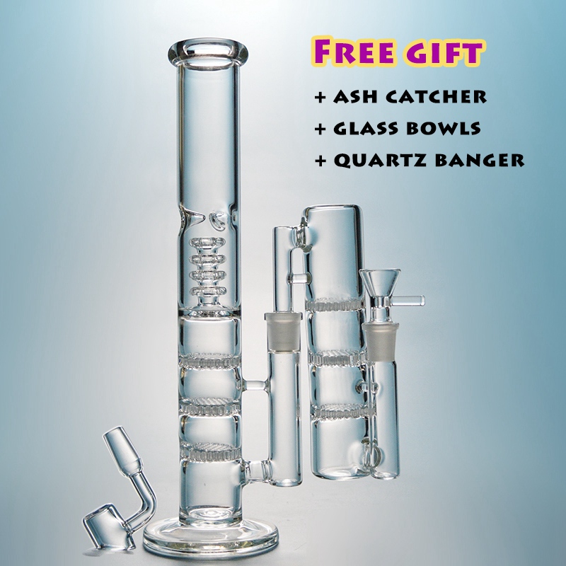 

Straight Tube Hookahs Glass Water Bongs Triple Percolator Bong Beecomb Perc Pipes Birdcage Perc With Ash Catcher Dab Rigs 18mm Joint Oil Rig HR316