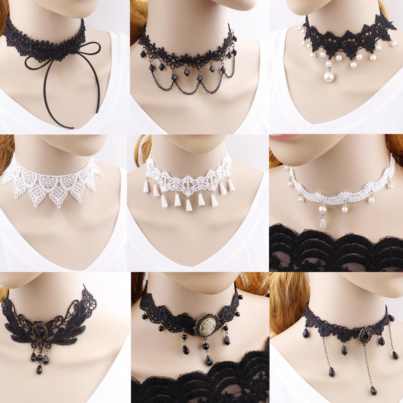 

Vintage Chokers Necklace Mix Design Black White Lace Rhinestone Pendnat Necklaces Choker Jewelry Accessories For Women Party