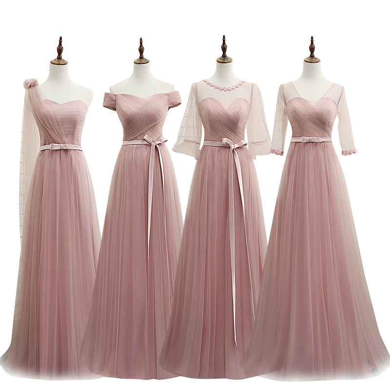

Custom Made Dusty Pink Cheap Bridesmaid Dresses Long Simple Tulle Maid of Honor Dress With Sleeves China Online Wedding Guest Gowns 2020