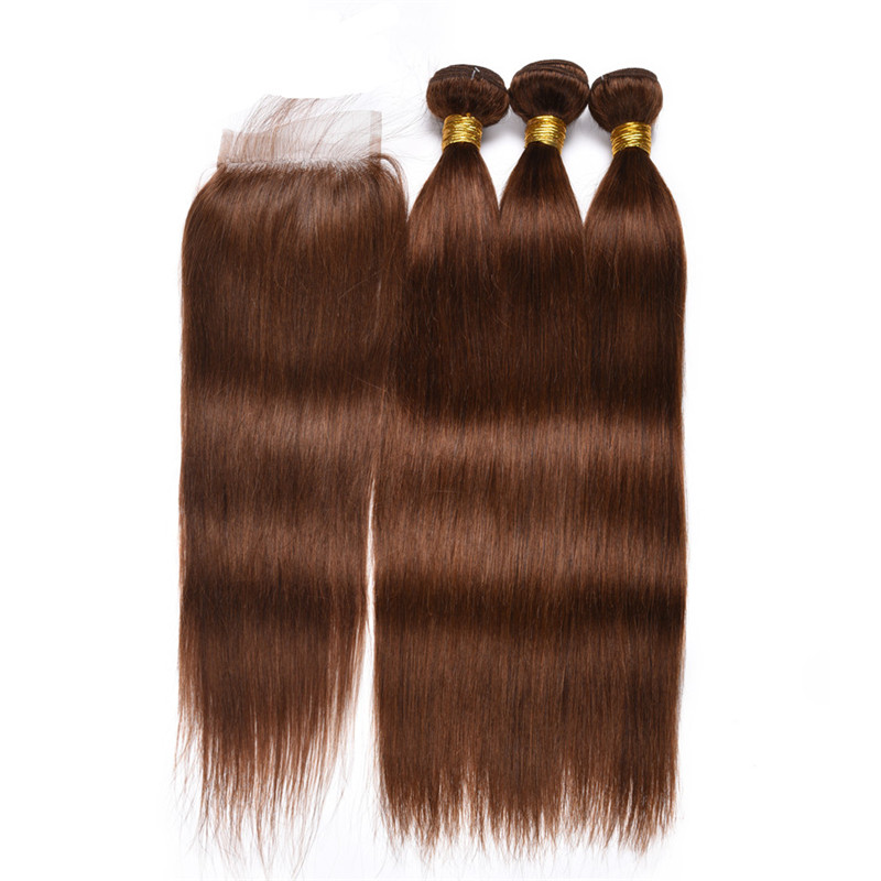 

#4 Brown Human Hair Weft With Lace Closure Silky Straight Human Hair Weaves With Lace Closure Brown Hair Extension 4Pcs/Lot