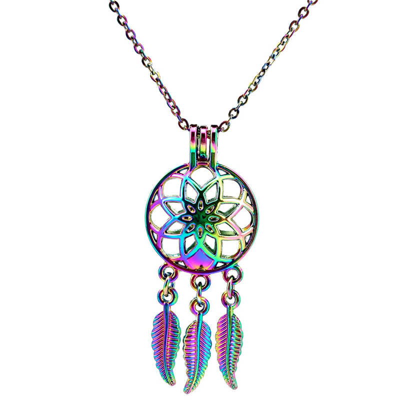 

C678 Rainbow Color The Geometric flower Beads Cage Pendant Essential Oil Diffuser Aromatherapy Pearl Cage Locket Pendant Necklace, Silver