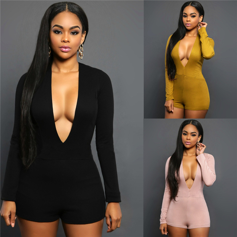 

Women Bodycon Jumpsuits & Rompers Back Zipper Elastic Sexy Deep V Neck Casual - XL Long Sleeve Europen American Fashion Clothes, Black