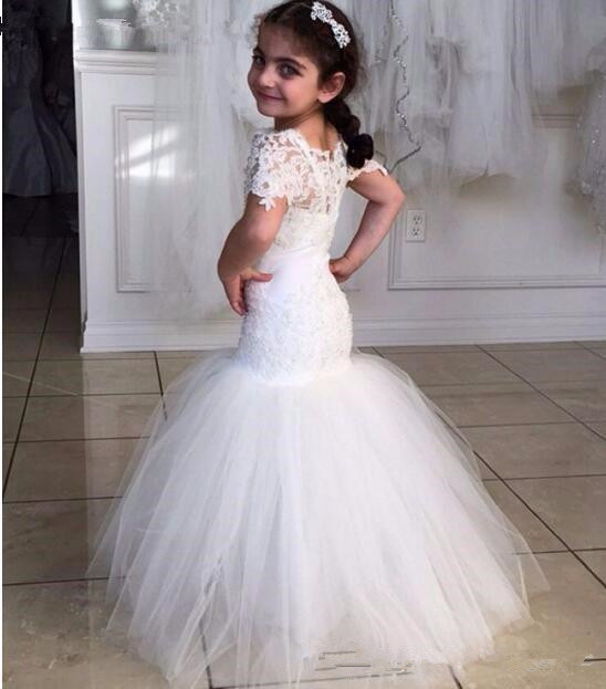 

2019 Elegant Flower Girl Dress Bateau Short Sleeve Appliqeus Lace Mermaid Floor Length Kids Flower Girls Dresses For Weddings, Chocolate