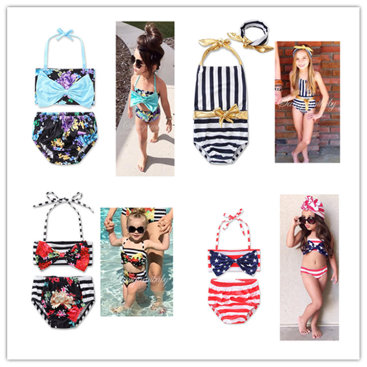 

kids girls Swimwear Flower printed Toddler Baby two-piece swimming suit summer striped beachwear Swimsuit Bikini Tankini Swimwear SET hot, Silvery