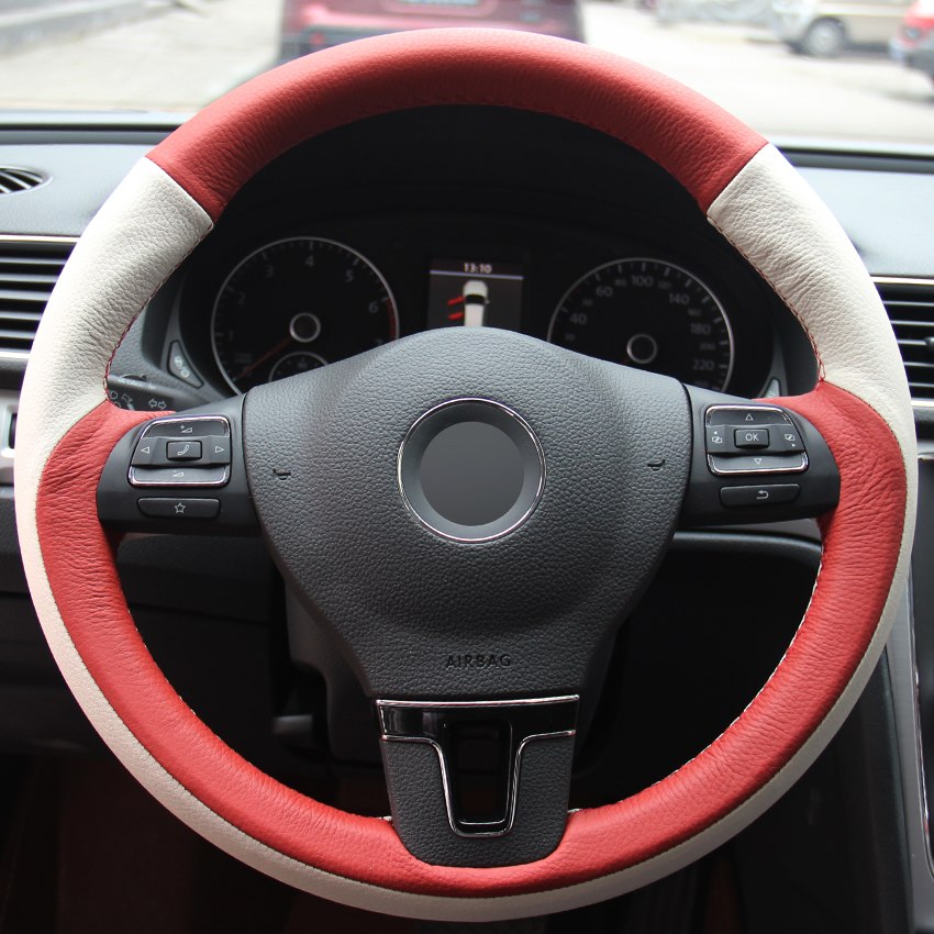 Red White Genuine Leather Car Steering Wheel Cover for Volkswagen VW Gol Tiguan Passat B7 Passat CC Touran Jetta Mk6-image-429870931