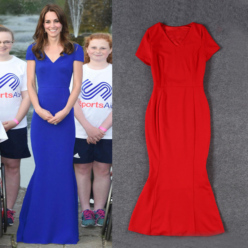 

2018 V-neck Formal Dress Red Kate Middleton Same High Quality Elegant Full Length Dress Blue For Evening Party