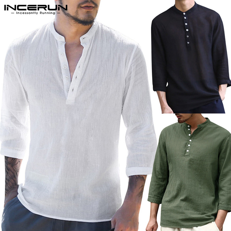 

INCERUN Vintage Men Shirt Cotton V-neck 3/4 Sleeve Solid Male Tops Casual Blouse Slim Fit Fashion Men Shirt Camisa Plus Size 3XL, Black