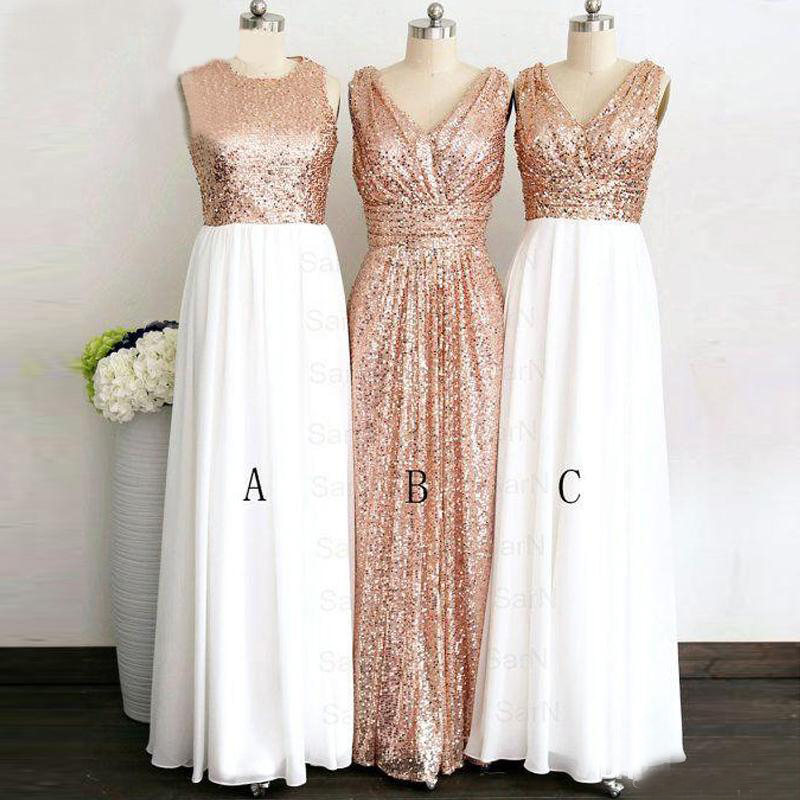 

Real Sample 2018 Rose Gold Bridesmaid Dresses Long Cheap Three Styles Sequined White Chiffon Maid Of Honor Wedding Guest Gowns EN1223