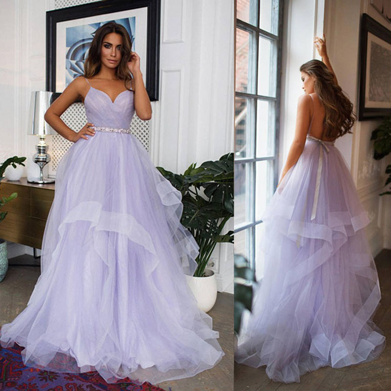 

Lavender Tulle Ball Gown Prom Dresses Spaghetti Straps Pleated Beaded Floor Length Backless Evening Gowns Formal Dress, Gold