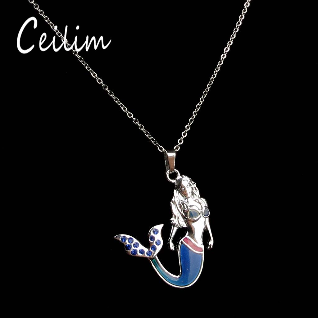 

2018 fashion valentine's day gift sea-maid mood necklace blue crystal temperature control color variations mermaid necklace women jewelry