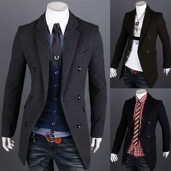

Wholesale- New fashion Mens Long Trench Coat Suit Collar Double Breasted Size M-XXL, Gray