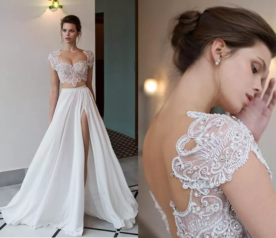 

2018 Boho Two Pieces Wedding Dresses Riki Dalal Lace Pearls Beading Formal Summer Beach Bridal Gowns Sexy Scoop Neck Backless Leg Splits, Ivory