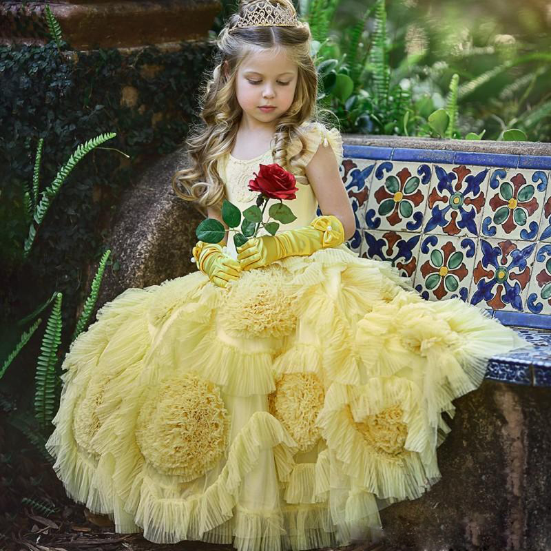 Cute Yellow Flower Girl Dresses Jewel Ruffles Petaline Girls Evening Party Communion Prom Dress Kid Pageant Gowns Plus Size Robes De Fête