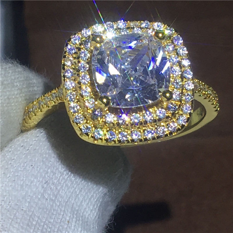 

Fashion ring cushion cut 3ct 5A Zircon Cz Yellow Gold Filled 925 silver Engagement wedding band rings for women Festival Gift