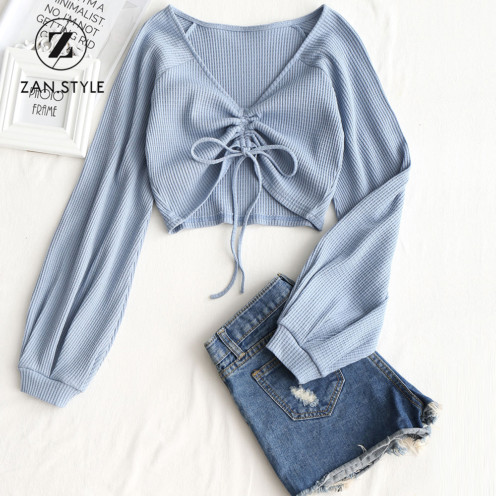 

ZAN.STYLE Gathered Textured Knitted Blouse Women Shirts Long Sleeve V-Neck Cropped Blouse Bow Knot Pullovers Women Tops Blusas, Pink