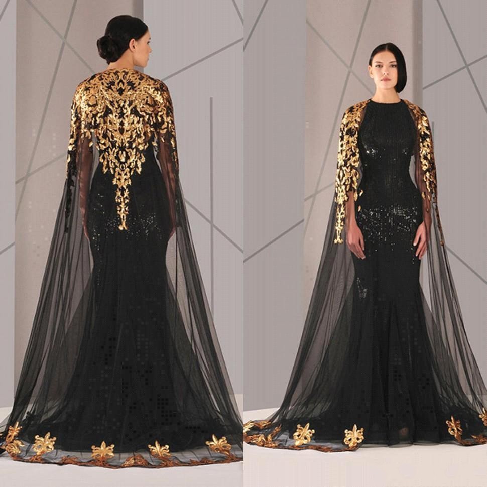 

Black Arabic Dubai Long Prom Dress with Shawl Boat Neck Gold Appliques Lace Women Pageant Evening Dresses For Formal Party, Brown