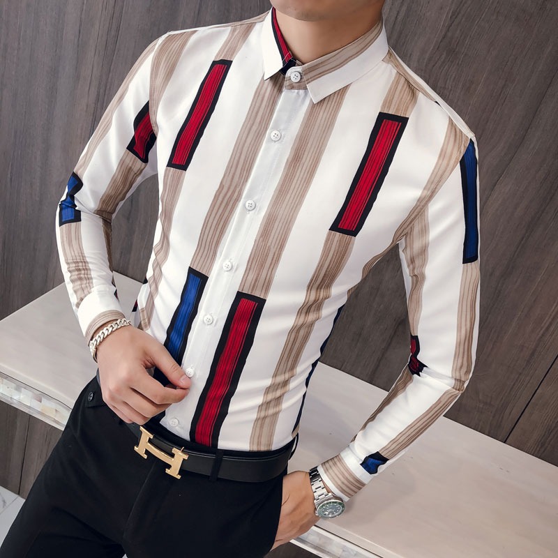 

British Style Men Shirt Fashion 2018 Autumn New Slim Fit Mens Casual Shirts Long Sleeve Striped Streetwear All Match Prom Tuxedo, Red