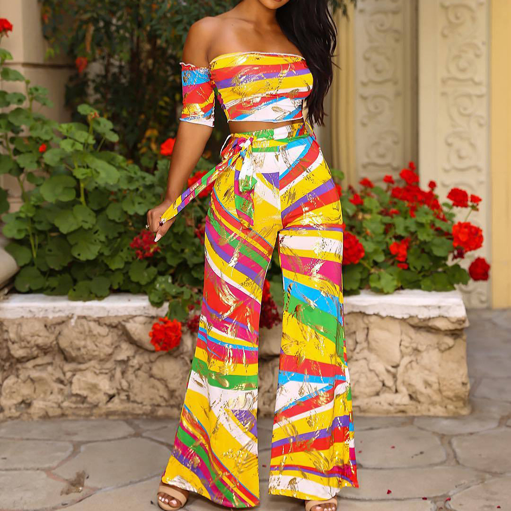 

Women 2 piece Set Top and Pants Two Piece Pants Set Women Summer F2953 Floral Print Flare Leg Off Shoulder, Yellow