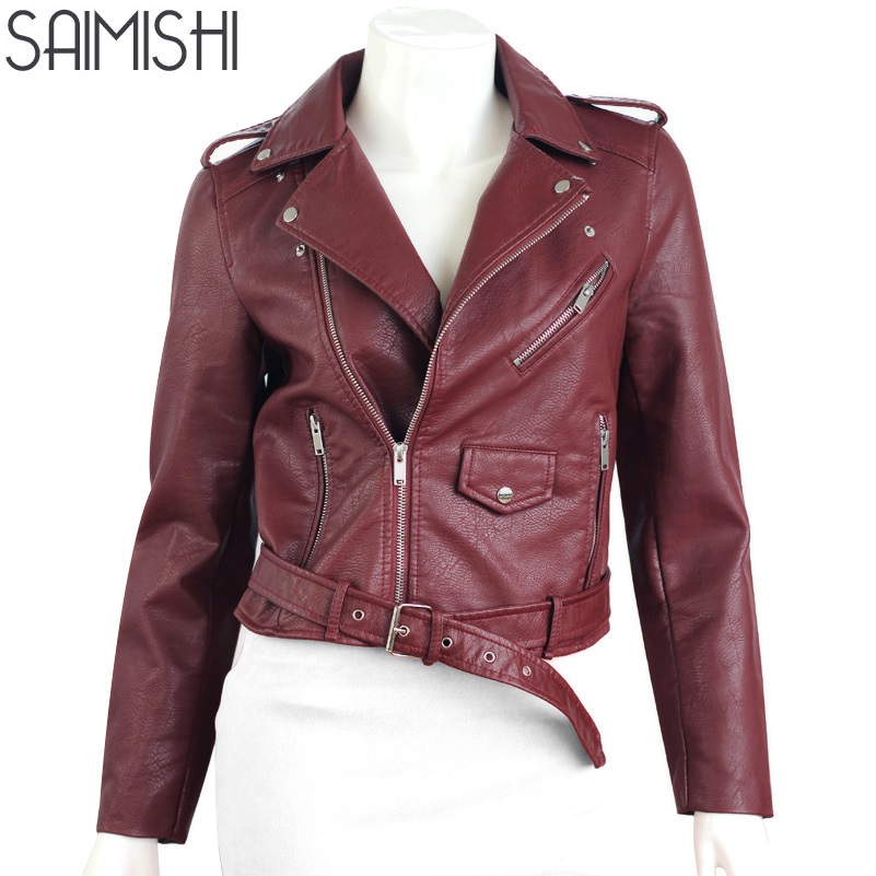 Wholesale- Saimishi Fashion Short PU Motorcycle Jacket 2017 Spring Autumn Long Sleeve Zipper Women Coats PU Leather Jacket Female Slim Tops