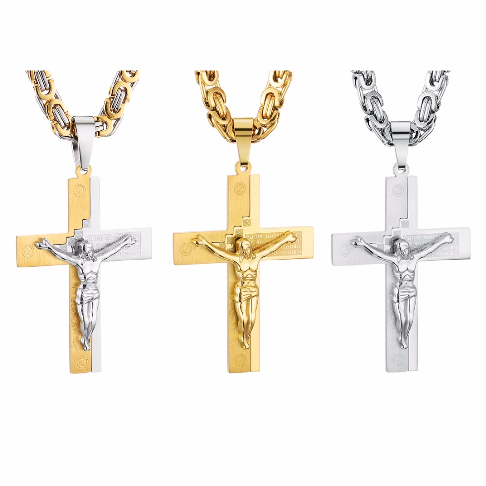 

Crucifix Jesus Pendant Necklace Gold Color Stainless Steel Christs Bible Cross Men Jewelry Byzantine Chain Gift for Father, Silver