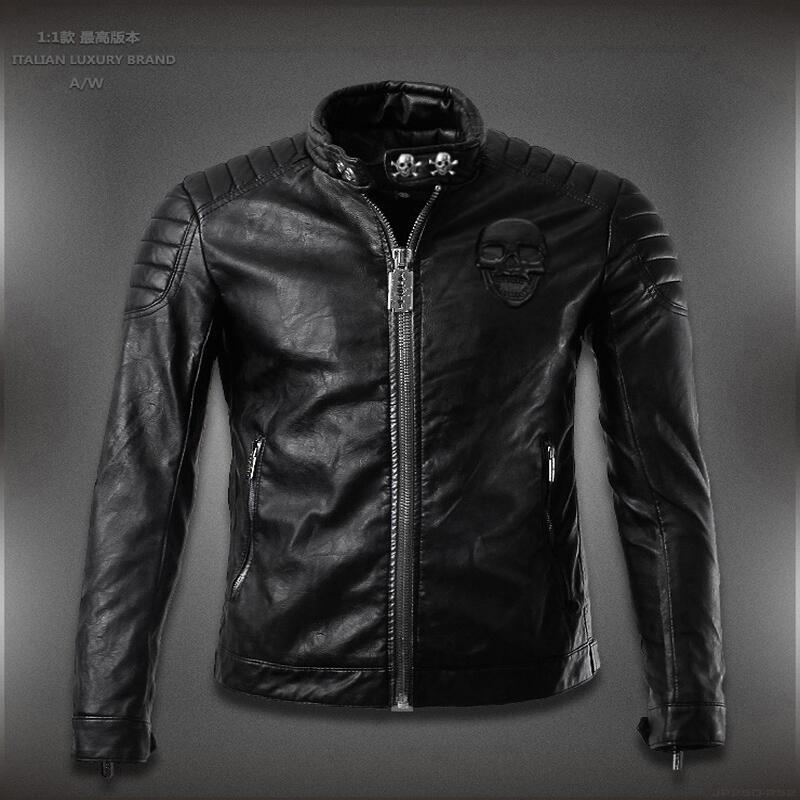 

Wholesale- New Hot HOt New Warm Men's Leather Motorcycle Standing Collar Jackets Coat embroidery skulls free shipping, Black