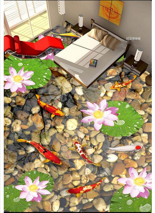 Floor painting wallpaper custom 3d Mediterranean murals Water floating stone goldfish 3D three-dimensional painting floor tiles 3D Flooring-image-411229459