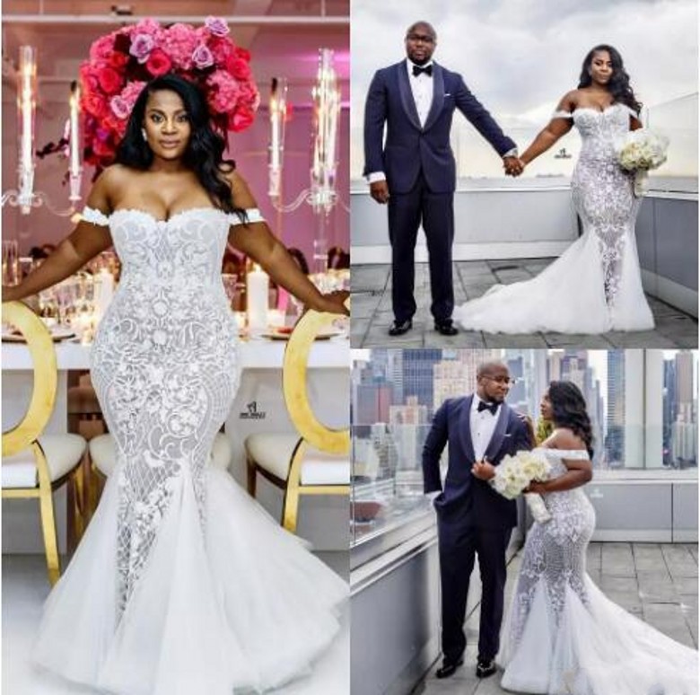 

Modest Plus Size Wedding Dresses Mermaid Off Shoulder Sweetheart Trumpet Bridal Gowns Sweep Train Tulle Lace Appliqued Wedding Dress BA4945, Black