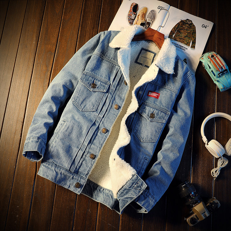 

2018 Fashion Winter Jacket Men Blue Color Classical Vintage Denim Velvet Bomber Jacket hombre Thick Warm Parka Men Wool Coats, Black