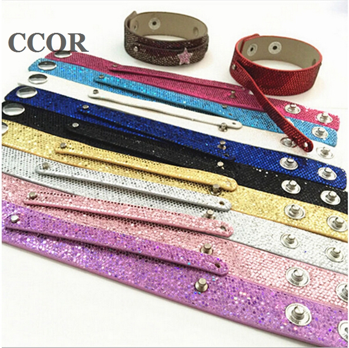 

10pcs 8mm*100mm+18mm*200mm Snap PU Sequin Bling Leather Bracelets DIY Accessories Fit 8mm Slide Charms, Slide Beads, Letters, Golden;silver