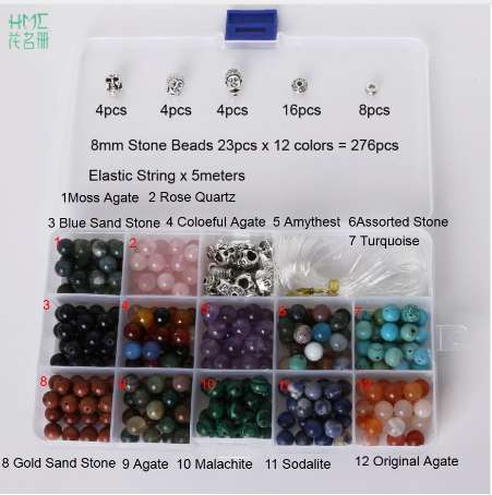 8mm 1 ensemble de perles rondes perles de pierre naturelle comprenant des perles de crâne de bouddha Kit de ficelle élastique pour la fabrication