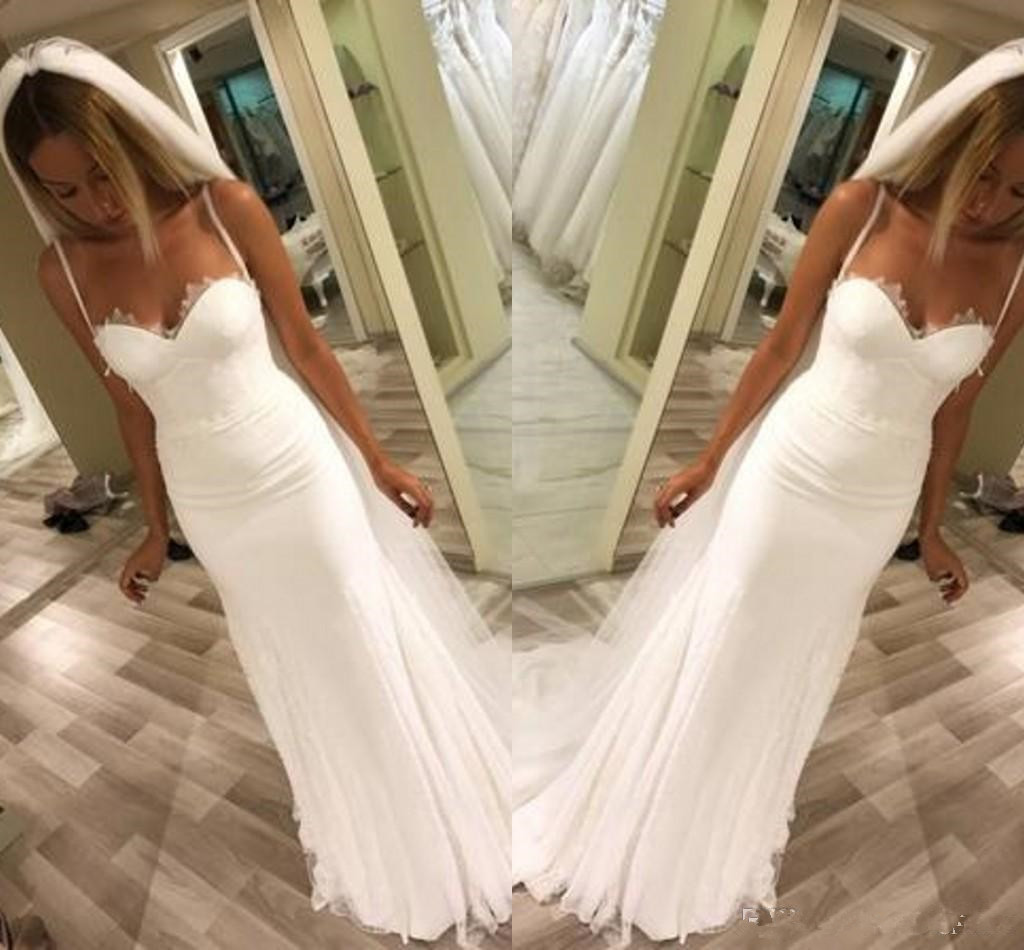

Elegant Cheap Sweetheart Tulle Mermaid Wedding Dresses Spaghetti Mopping Long Section Simple Design Sheath Column Wedding Gowns, White