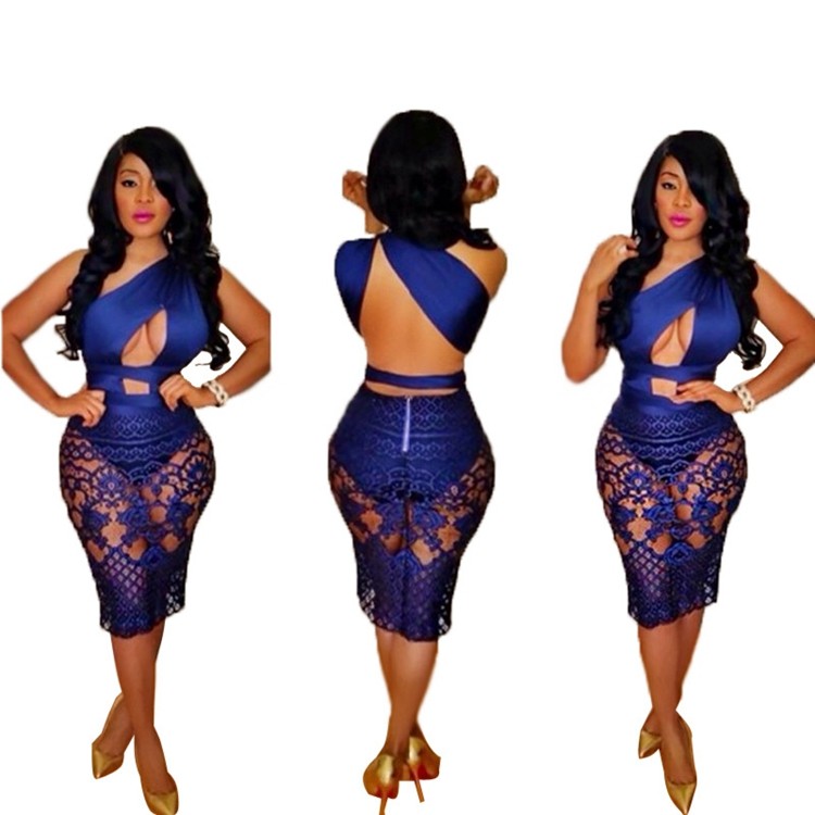 

Summer Women Lace Hollow Out Bandage Bodycon Dress Sexy Sleeveless Blue Party Club Midi Vestidos -XL