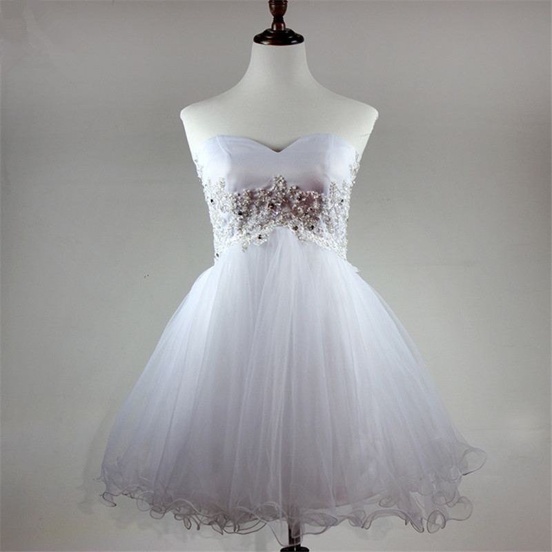 

2018 Newest White Mini Appliques Crystal Ball Gown Homecoming Dress With Beading Lace-Up Tulle Graduation Prom Party Gown In Stock BH24, Same as picture