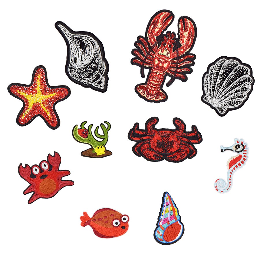 

10PCS Marine Life Series Patches Goldfish Crab Conch Shell Lobster Sea horse Coral Starfish Conch Patches for Stripe Embroidery Attire Patch