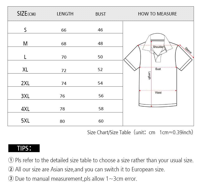 Unisex Polo Shirt Size Chart