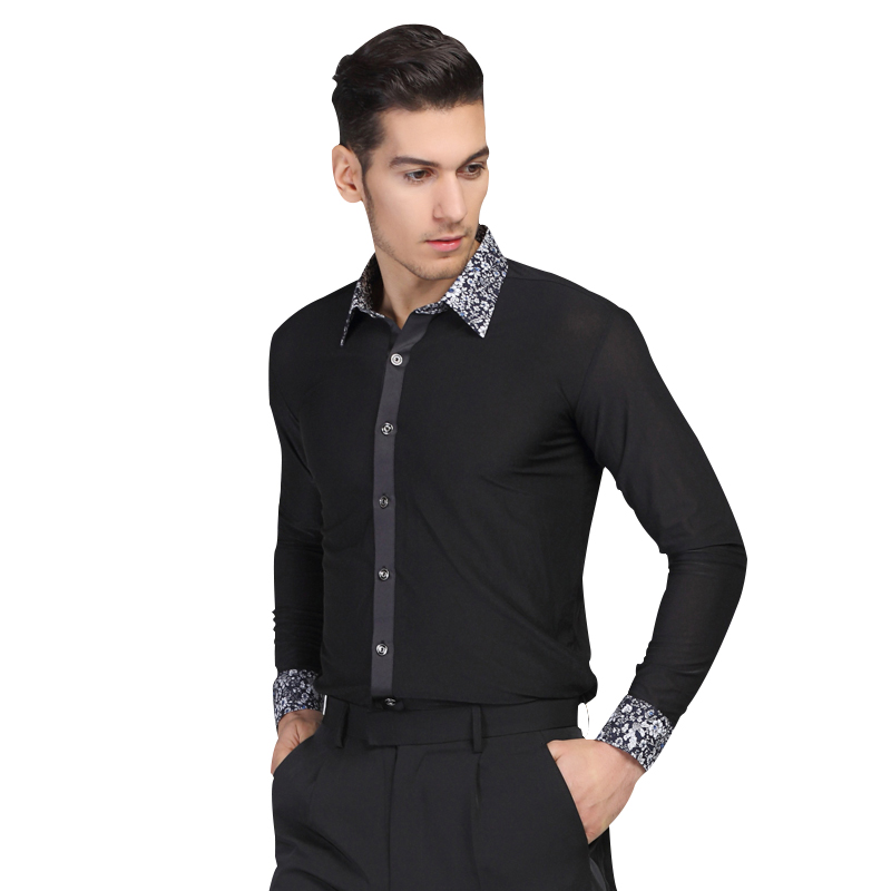 

Long Sleeve Button Mens Latin Dance Top Ballroom Dancewear Latin Dance Costumes Stage Clothing Male Ballroom Clothes D-0638, Black