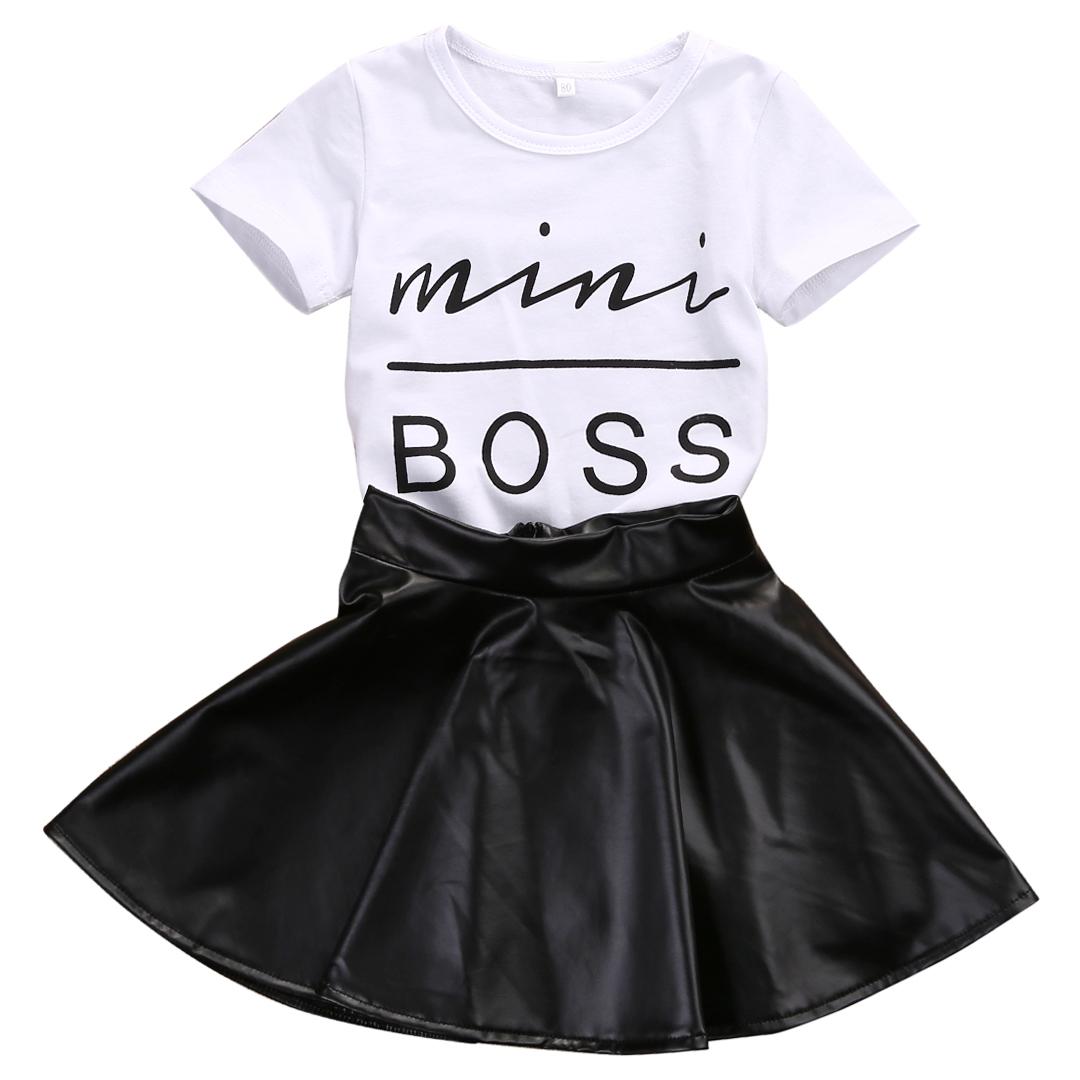 

2018 New Fashion Toddler Kids Girl Clothes Set Summer Short Sleeve Mini Boss T-shirt Tops + Leather Skirt 2PCS Outfit Child Suit, White