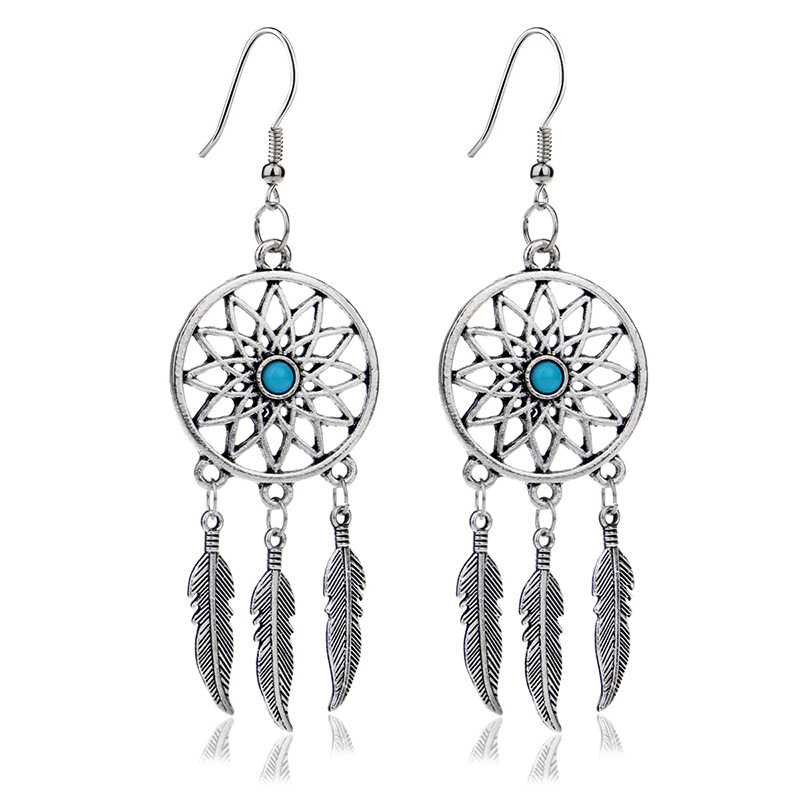 

Dreamcatcher Earrings Dream catcher feather tassel earrings Retro long fish hook earrings Women Earring Bohemia Hollow Long Feather Leaves, Silver